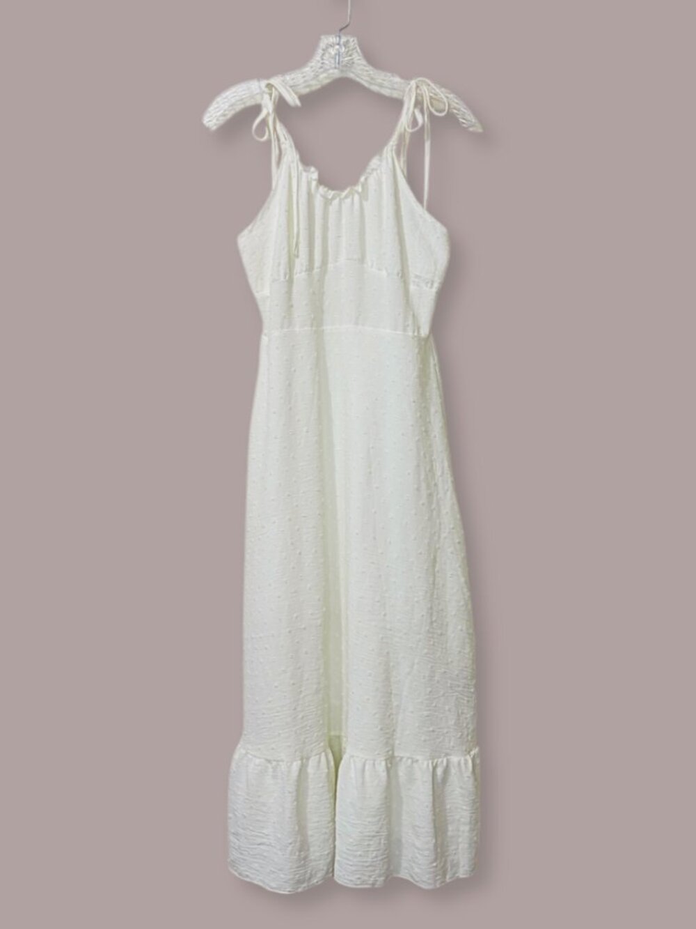 White Ivory Swiss Dot Tie Shoulder Long Sundress Size M Boho Cottagecore
